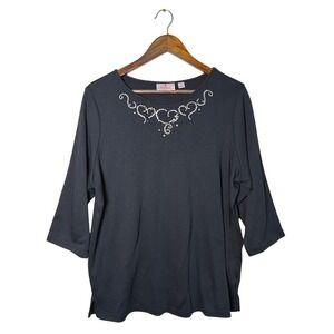QUACKER FACTORY Large Black Silver Heart Studded 3/4 Sleeve Knit Top QVC